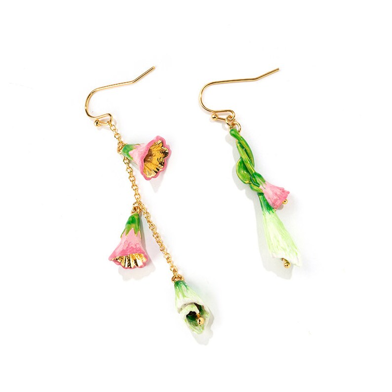 Pink Green Flower Asymmetrical Enamel Hook Earrings Jewelry Gift