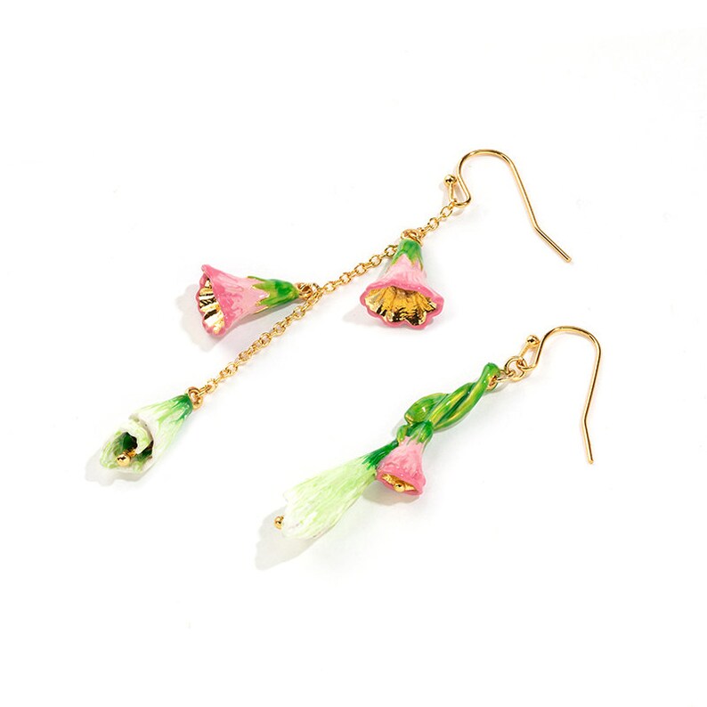 Pink Green Flower Asymmetrical Enamel Hook Earrings Jewelry Gift