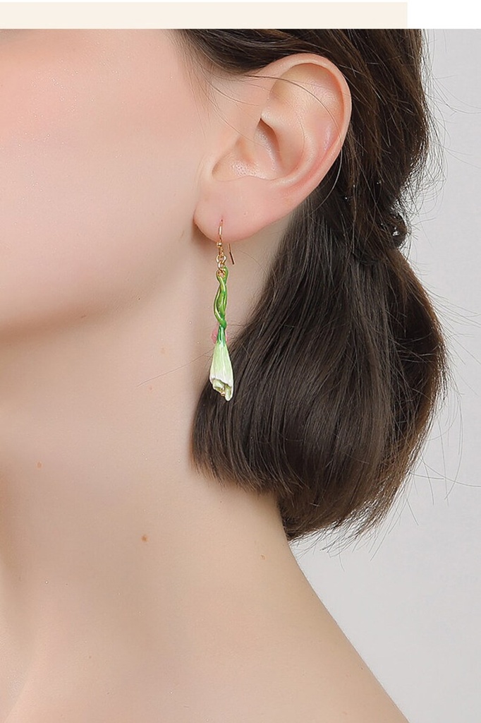 Pink Green Flower Asymmetrical Enamel Hook Earrings Jewelry Gift