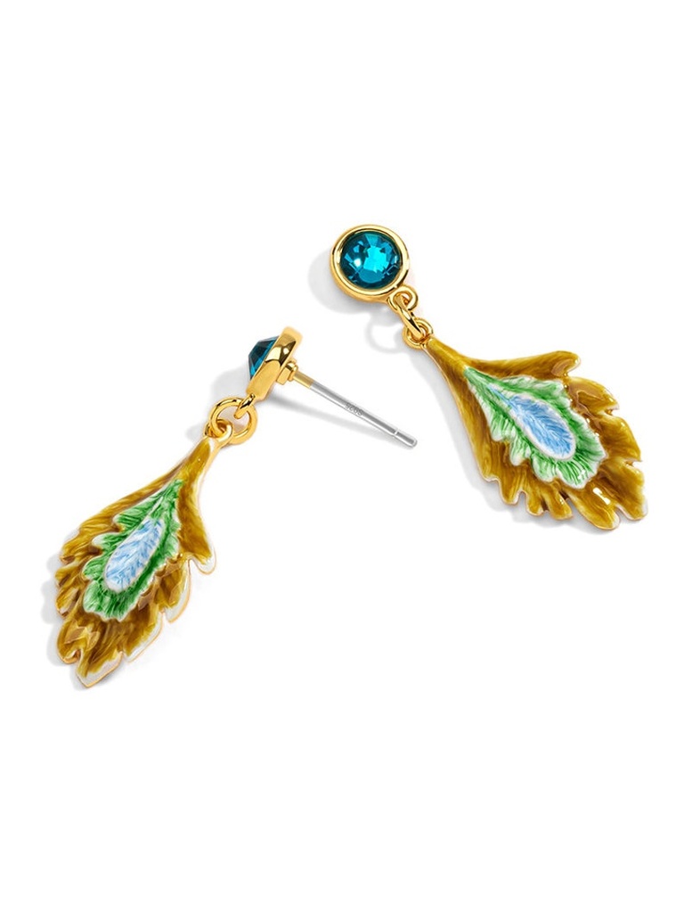 Green Yellow Peacock Feather Shape And Crystal Enamel Dangle Earrings Jewelry Gift