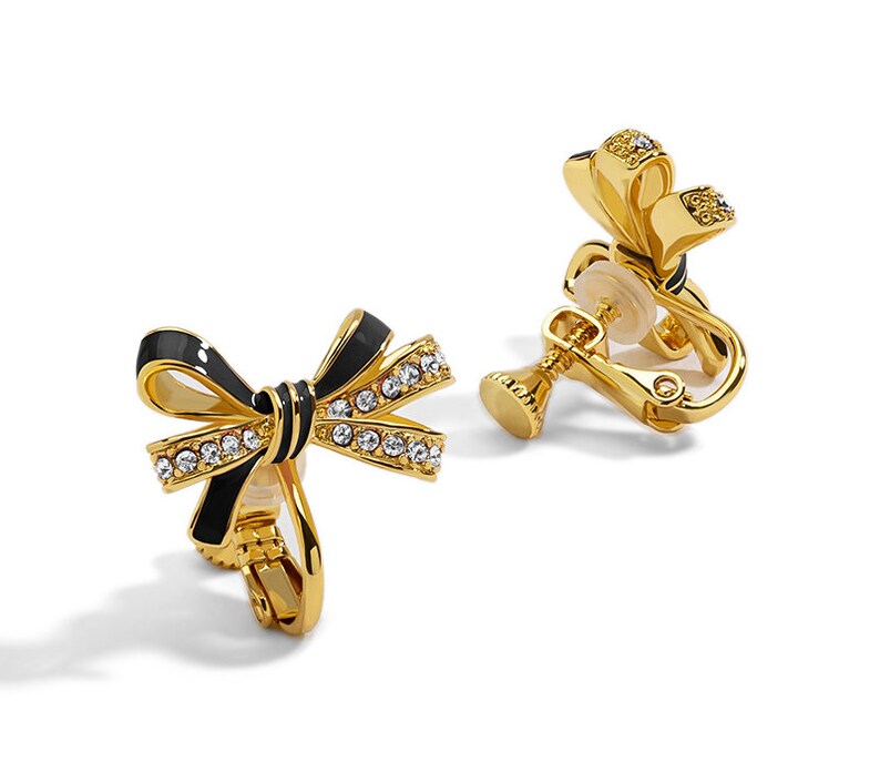 Black Bow And Crystal Enamel Stud Earrings Jewelry Gift