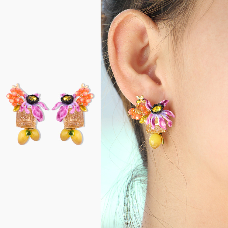 Enamel Flower Gem Enamel Earrings Jewelry Stud Earrings