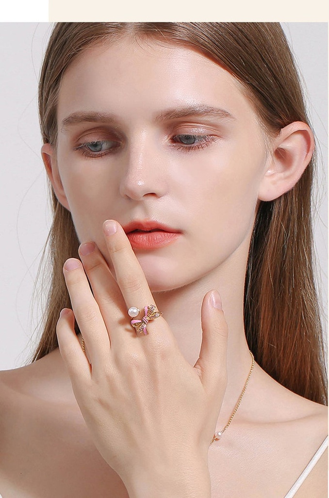 Pink White Black Bow And Pearl Enamel Adjustable Ring