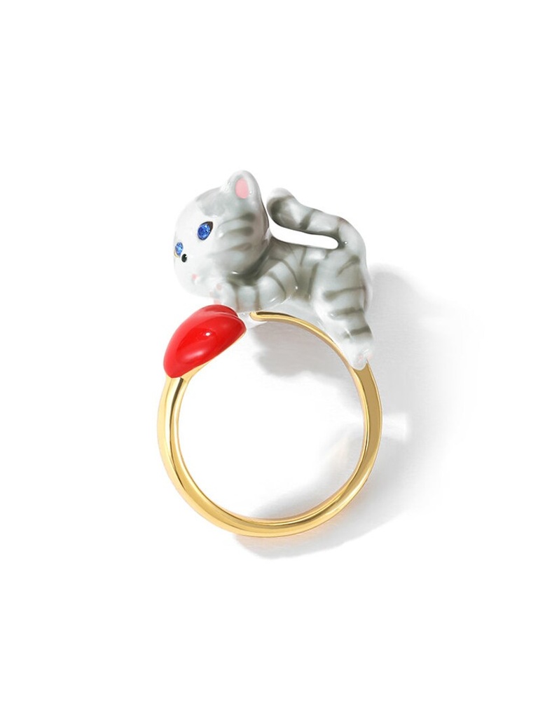 Cat Kitty Kitten Red Heart Enamel Adjustable Ring