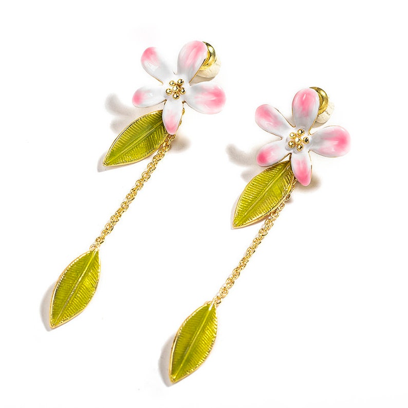 Pink White Cherry Blossom Flower Leaf Enamel Dangle Earrings