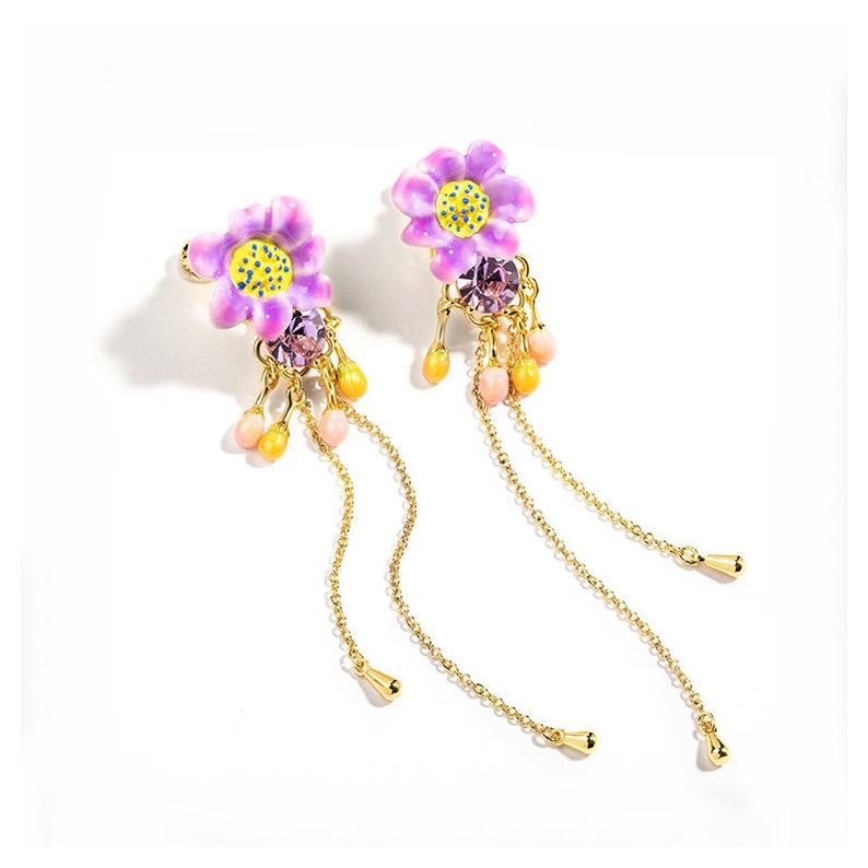 Purple Flower Orange Pink Bead Enamel Tassel Dangle Earrings