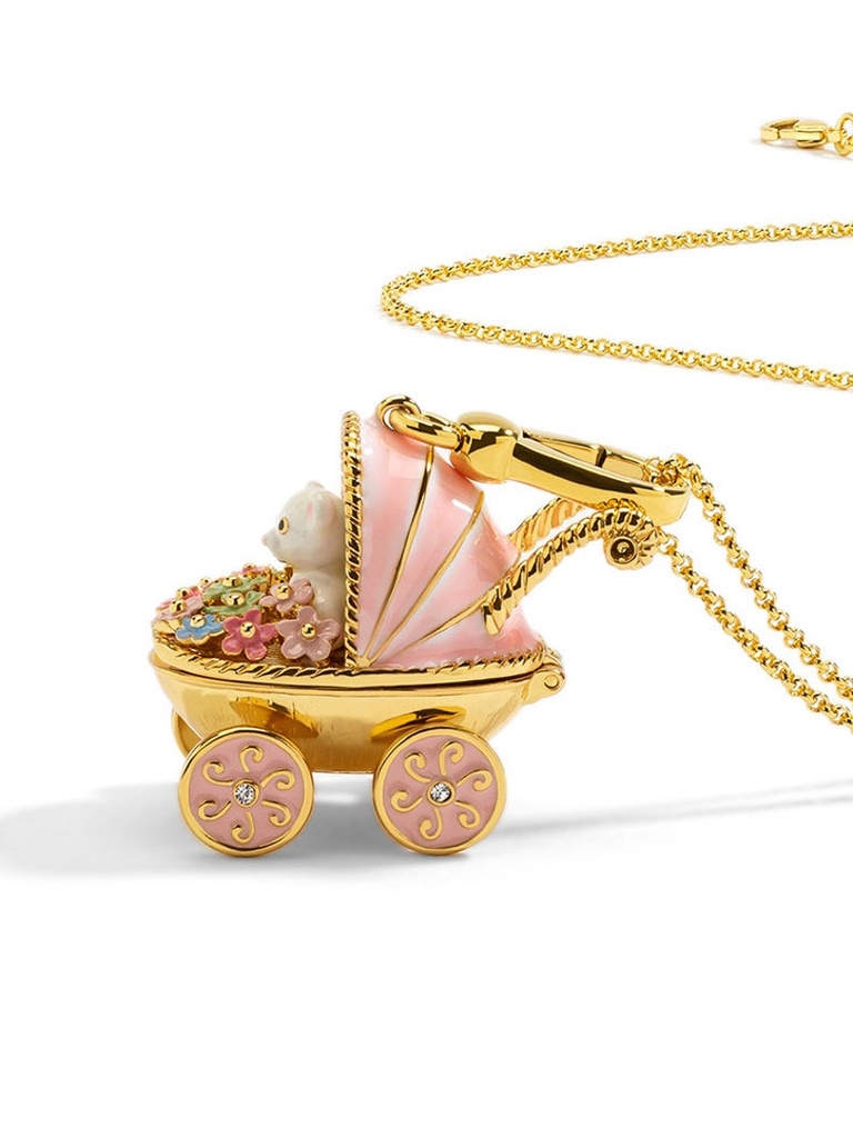 Bear In Stroller With Flowers Enamel Necklace Key Pendant Jewelry Gift