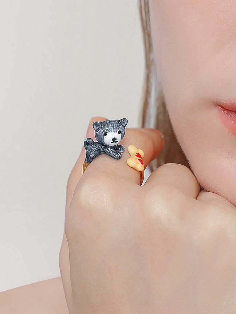 Puppy Dog Yellow Bone Enamel Adjustable Ring Jewelry Gift