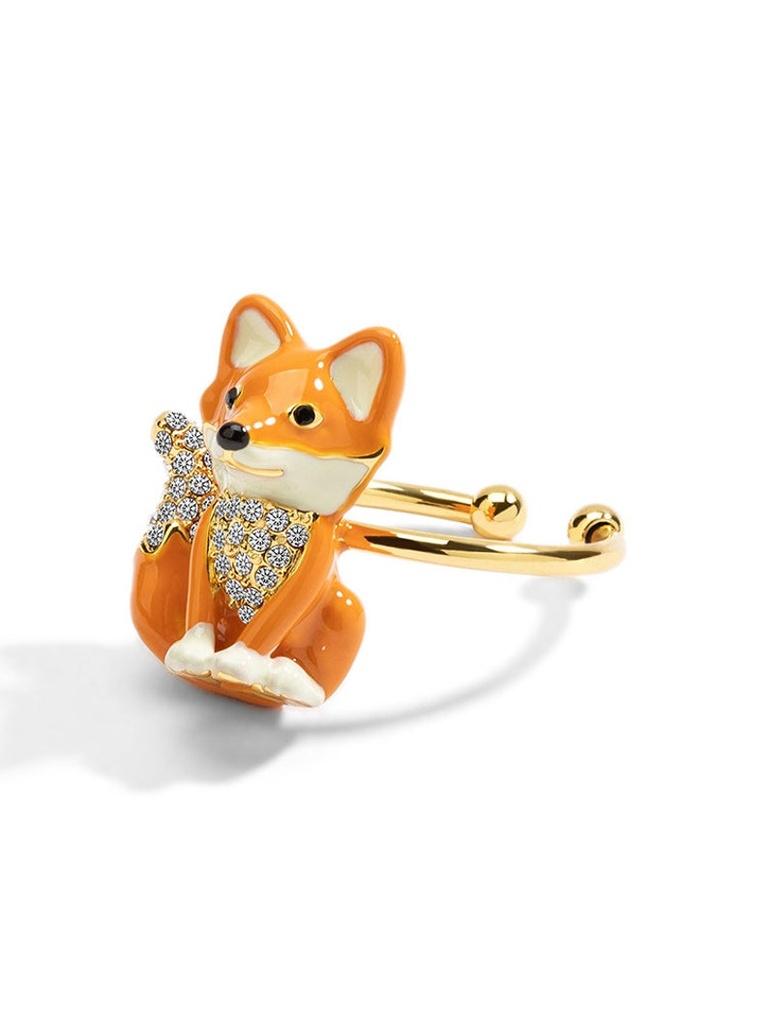 Orange Fox With Zircon Enamel Adjustable Ring