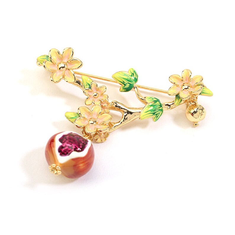 Red Fruit Pomegranate Yellow Flower Enamel Brooch Jewelry Gift