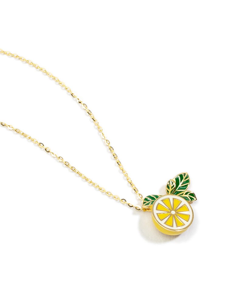 Lemon Fruit And Green Leaf Enamel Pendant Necklace Jewelry Gift