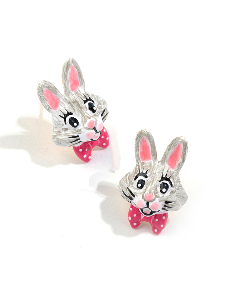 Rabbit Bunny Judy With Pink Bow Enamel Stud Earrings