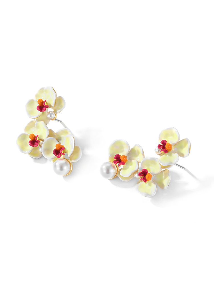 Light Yellow White Red Flower And Pearl Enamel Stud Earrings
