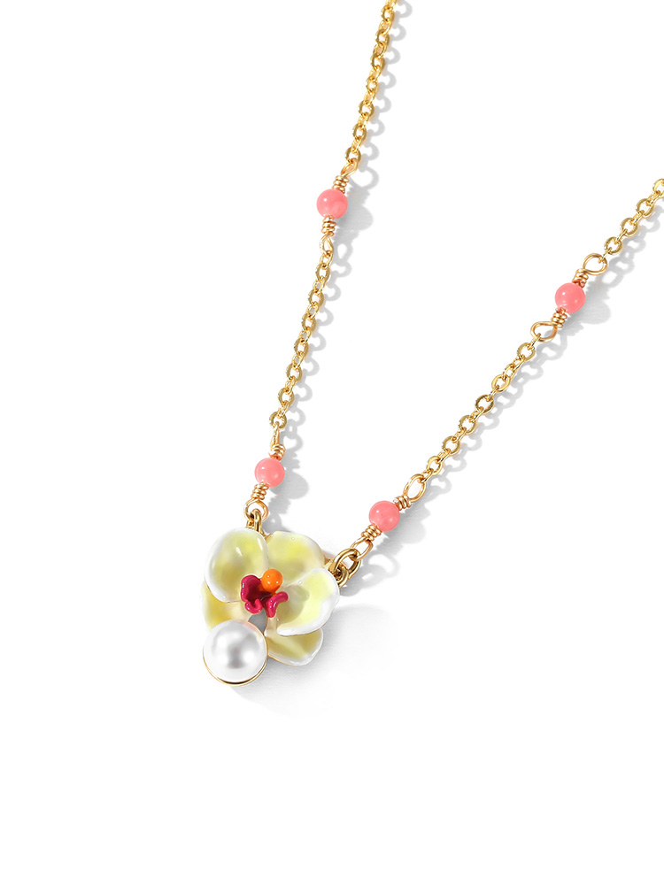 Yellow Red Orange Pansy Blossom Flower Pearl Enamel Pendant Necklace