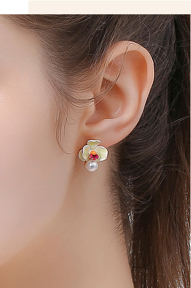 Yellow Red Orange Pansy Flower Pearl Enamel Stud Earrings