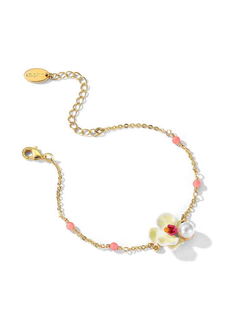 Yellow Red Orange Pansy Flower Pearl Enamel Thin Bracelet