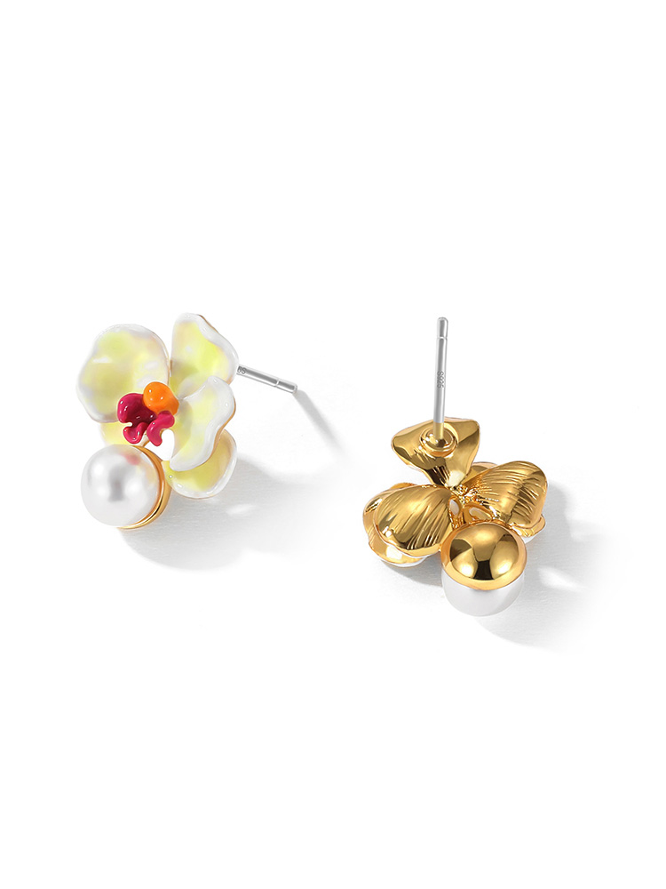 Yellow Orange Red Pansy Flower Pearl Enamel Stud Earrings