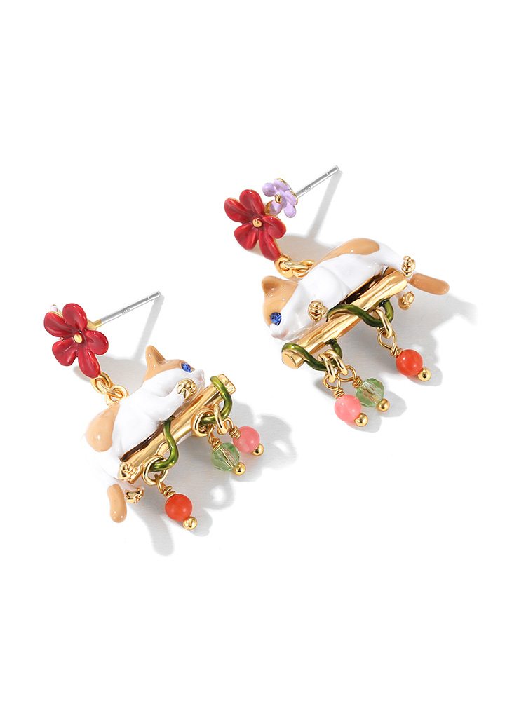 Colorful Green Parrot Bird And Stone Aysmmetrical Enamel Stud Dangle Earrings Jewelry Gift
