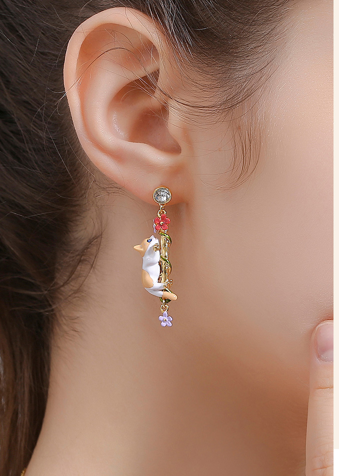 Owl And Pink Cherry Blossom Flower Tassel Enamel Earrings Jewelry Gift