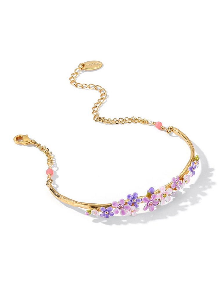 Purple Pink Flower And Crystal Enamel Bangle Bracelet Jewelry Gift