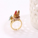 Hen Rooster Chicken And Blue Flower Enamel Adjustable Ring