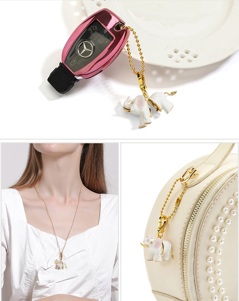 White Elephant Enamel Necklace Key Pendant With Chains Jewelry Gift