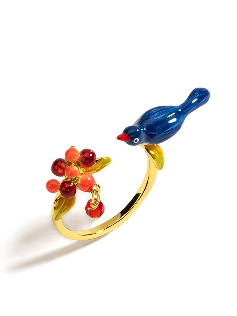 Blue Bird With Berry Enamel Adjustable Ring Jewelry Gift