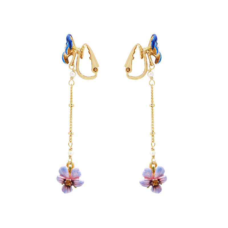 Pansy Blue Pink Purple Flower And Crystal Tassel Enamel Earrings