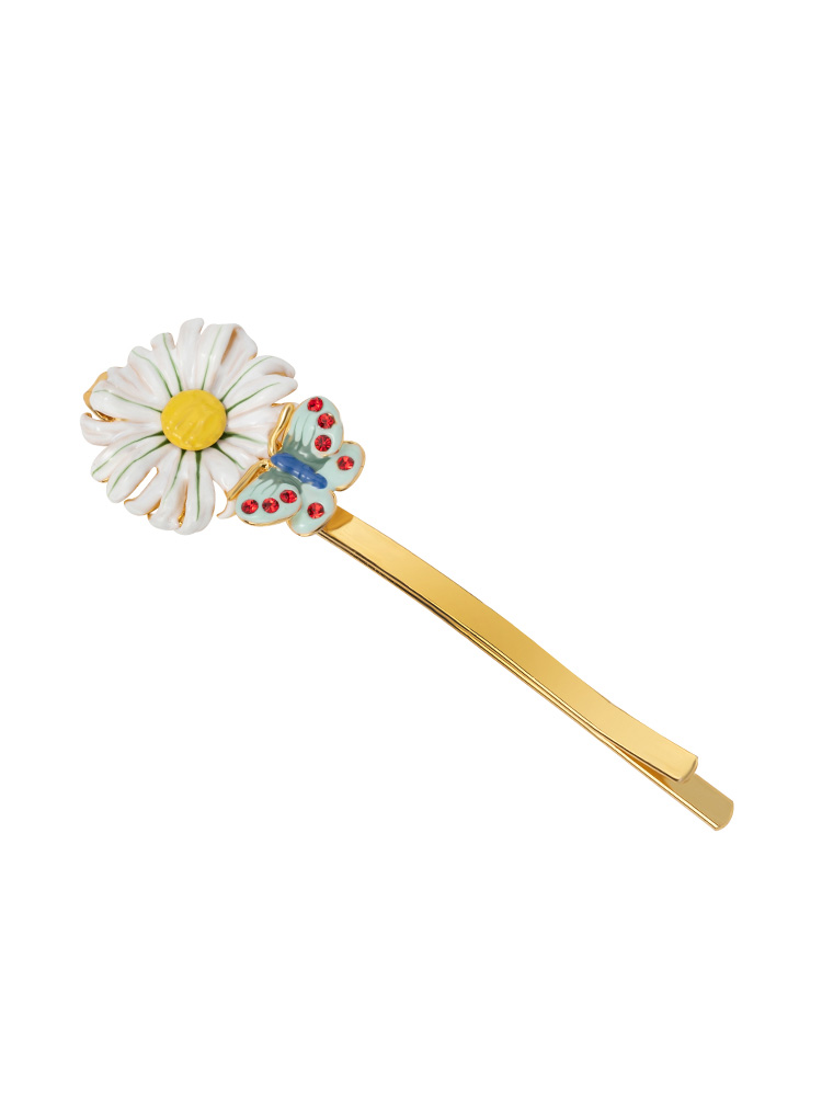 Daisy White Flower And Butterfly Enamel Hair Pin Clip Jewelry Gift