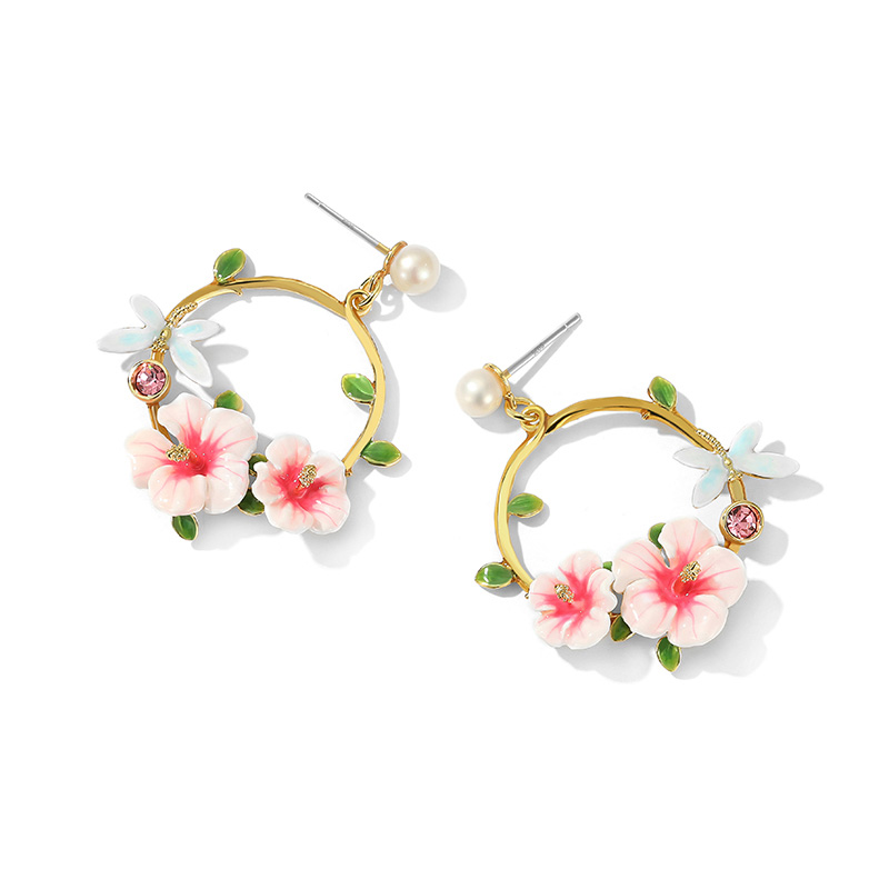Pink Flower And Dragonfly Hoop Pearl Enamel Dangle Earrings