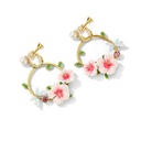 Pink Flower And Dragonfly Hoop Pearl Enamel Dangle Earrings