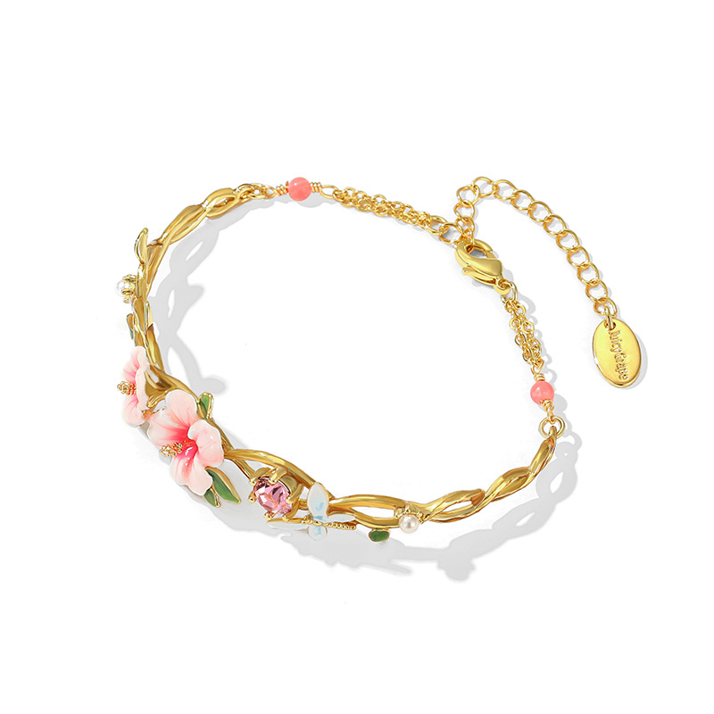 Pink Flower And Dragonfly Crystal Pearl Enamel Bracelet