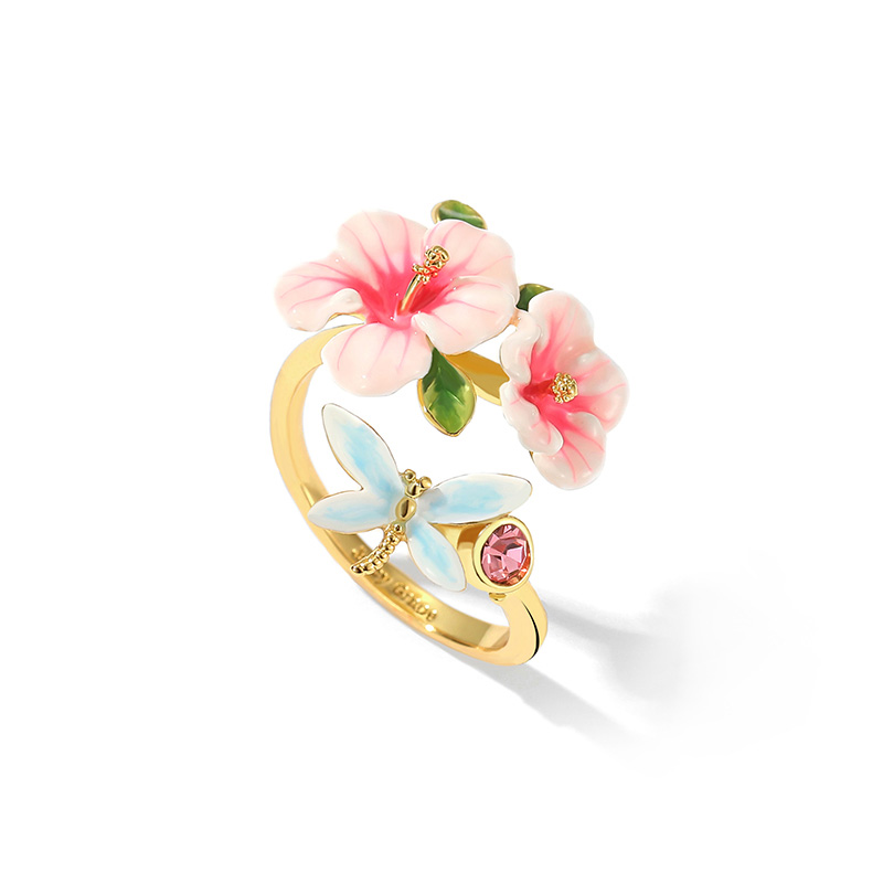 Pink Flower And Dragonfly Crystal Enamel Adjustable Ring Jewelry Gift