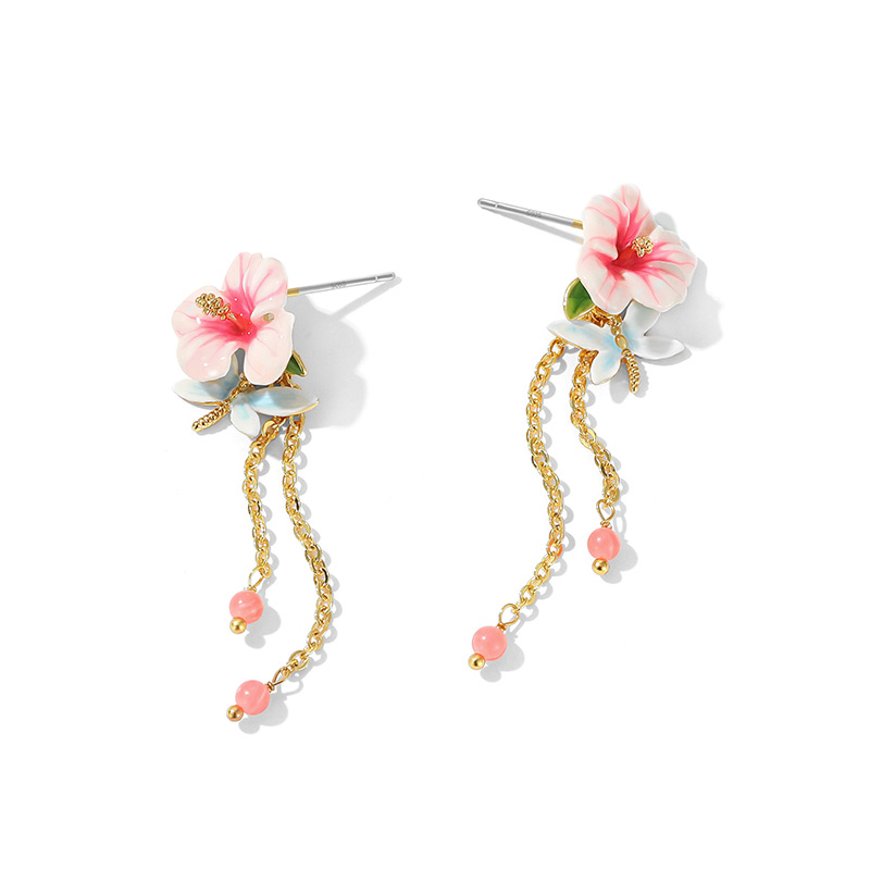 Pink Flower And Dragonfly Tassel Enamel Dangle Earrings Jewelry Gift