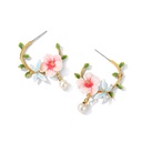 Pink Flower And Dragonfly Pearl C Shape Enamel Hoop Earrings