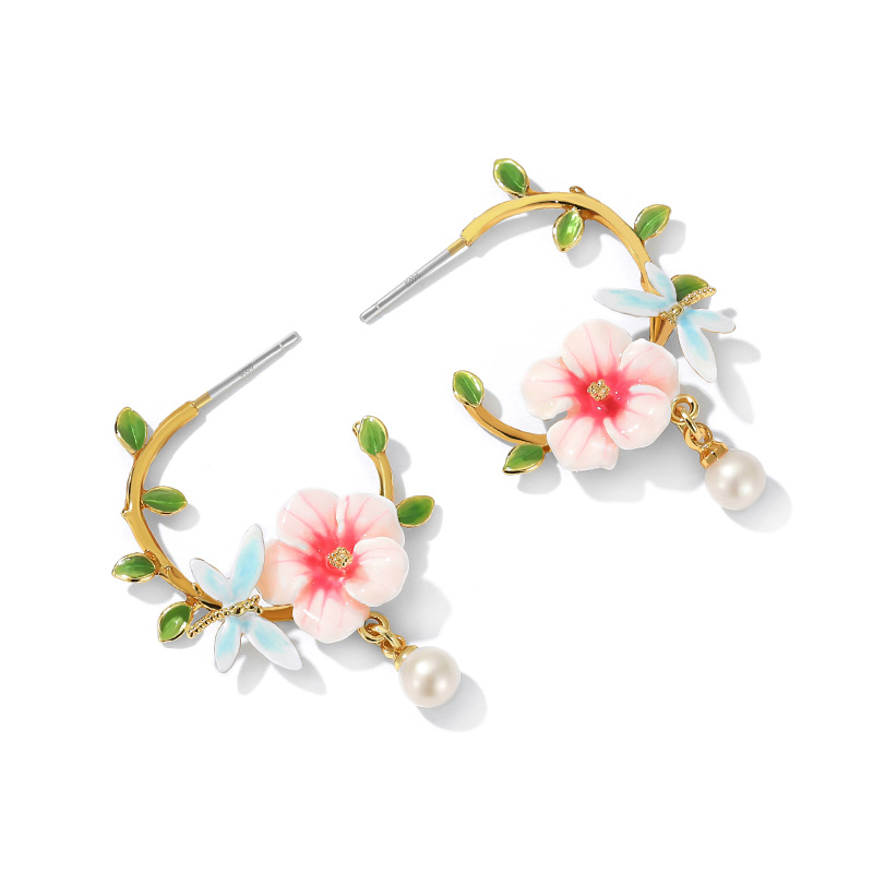 Pink Flower And Dragonfly Pearl C Shape Enamel Hoop Earrings