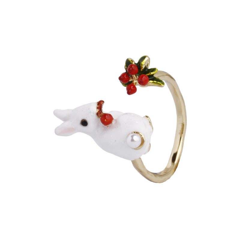 Enamel Glaze Cute little White Rabbit Ring Gilded Opening Adjustable Ring