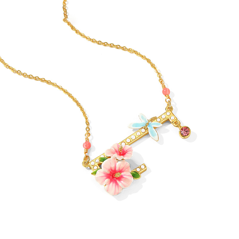 Pink Flower And Dragonfly Crystal Enamel Pendant Necklace