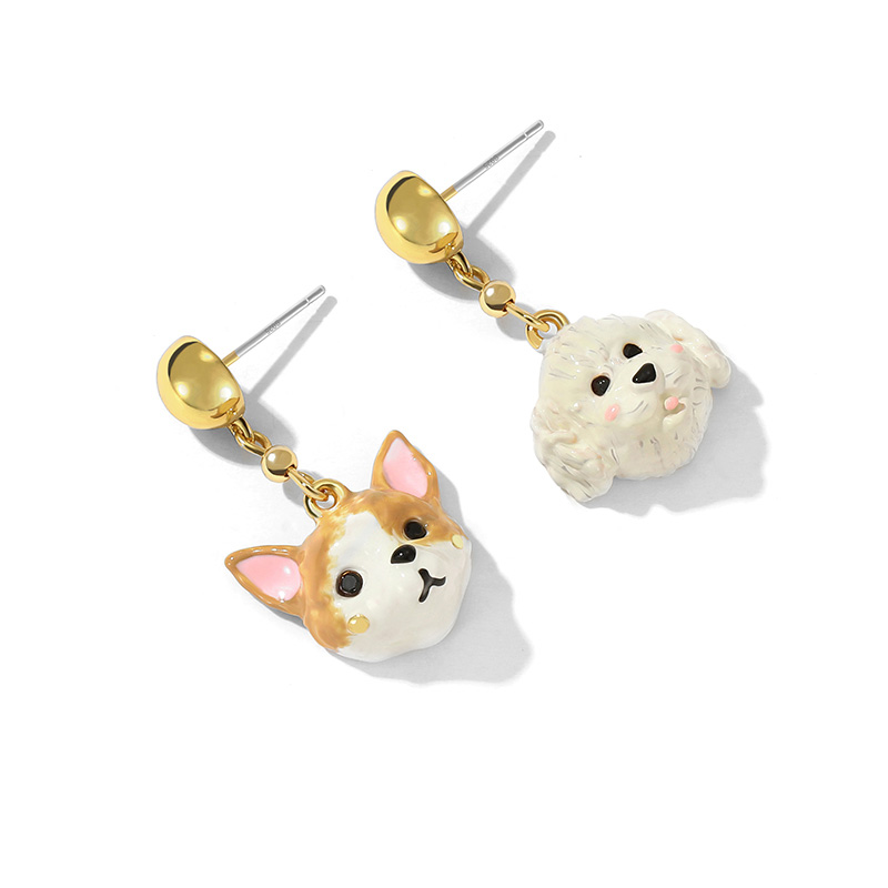 Cat Kitty Kitten Dog Puppy Asymmetrical Enamel Dangle Earrings