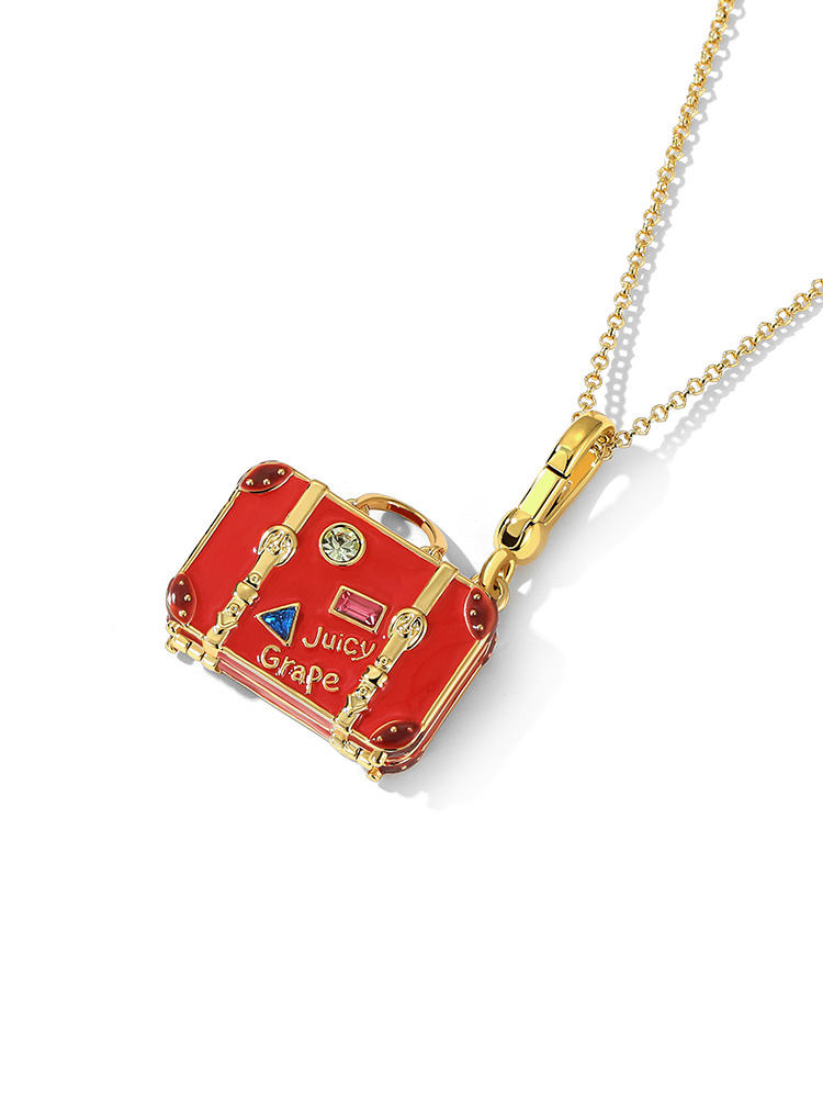 Red Luggage With Crystal Enamel Pendant Necklace With Two Chains Jewelry Gift