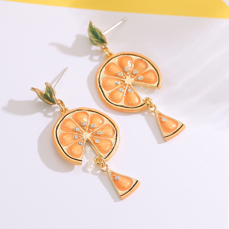 Orange Lemon Slice And Leaf Enamel Dangle Earrings