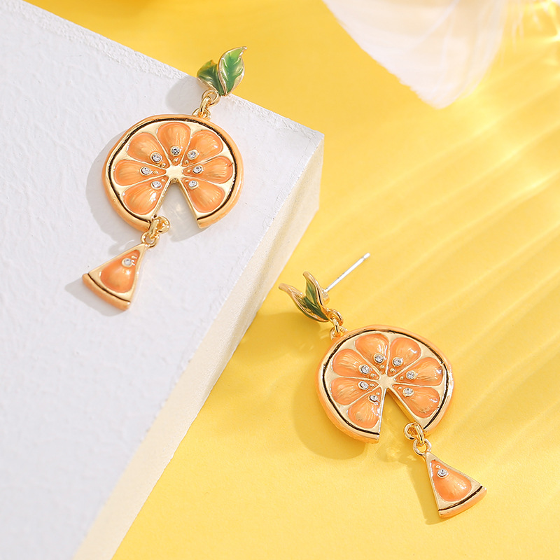 Orange Lemon Slice And Leaf Enamel Dangle Earrings