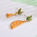 Orange Lemon Slice With Zircon And Leaf Asymmetrical Enamel Dangle Earrings