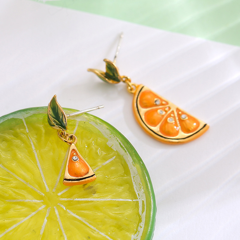 Orange Lemon Slice With Zircon And Leaf Asymmetrical Enamel Dangle Earrings