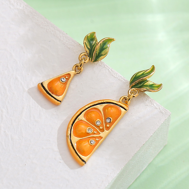 Orange Lemon Slice With Zircon And Leaf Asymmetrical Enamel Dangle Earrings