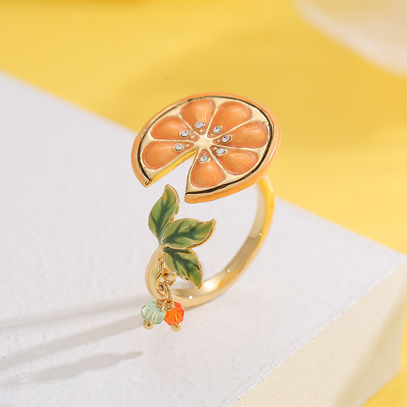 Orange Lemon Slice With Zircon And Leaf Enamel Adjustable Ring