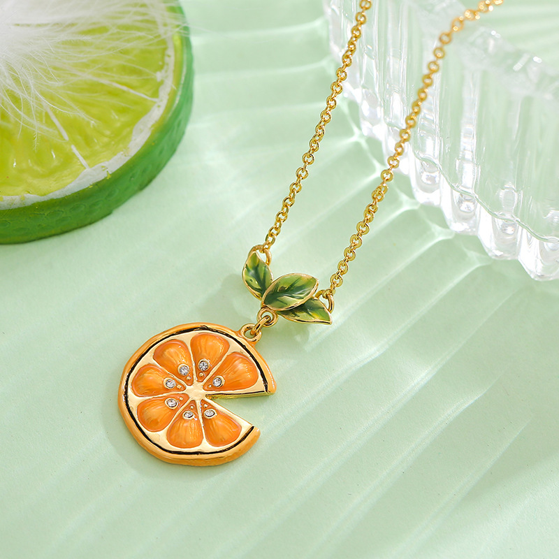 Orange Lemon Slice With Zircon Enamel Pendant Necklace