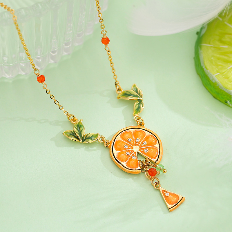 Orange Lemon Slice With Zircon Enamel Pendant Necklace Jewelry Gift
