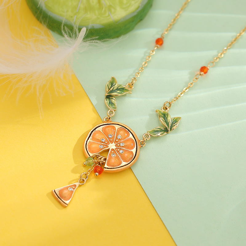 Orange Lemon Slice With Zircon Enamel Pendant Necklace Jewelry Gift