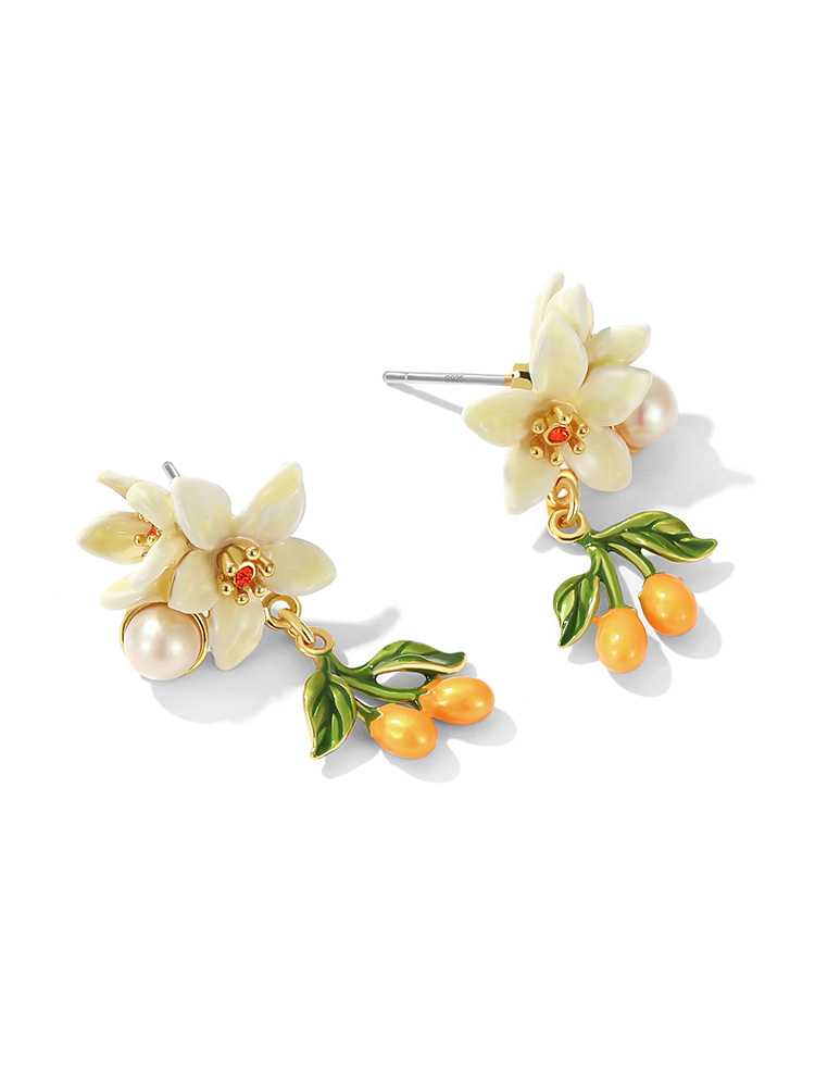 Orange Blossom Flower Kumquat Pearl Enamel Dangle Earrings